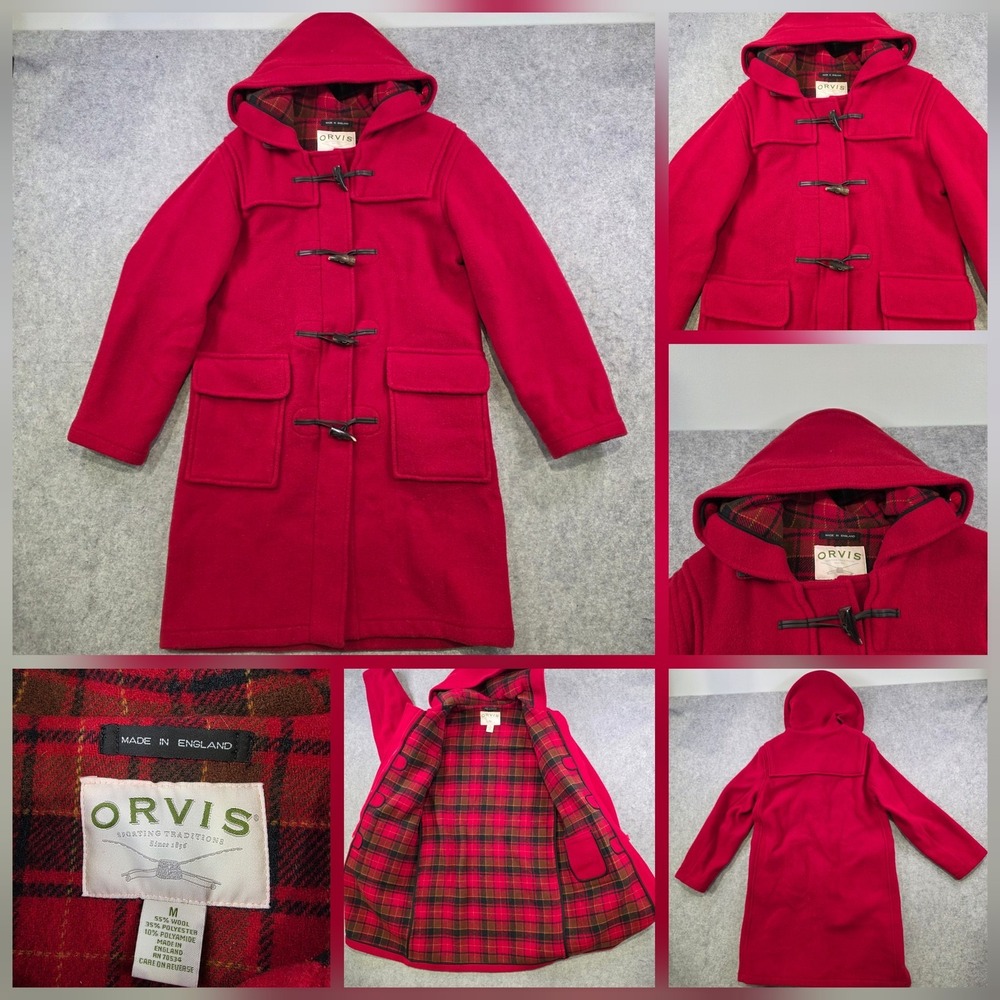 Orvis Coat Womens Medium Red Wool Hooded Duffle Toggle‎ Parka Lined Pockets